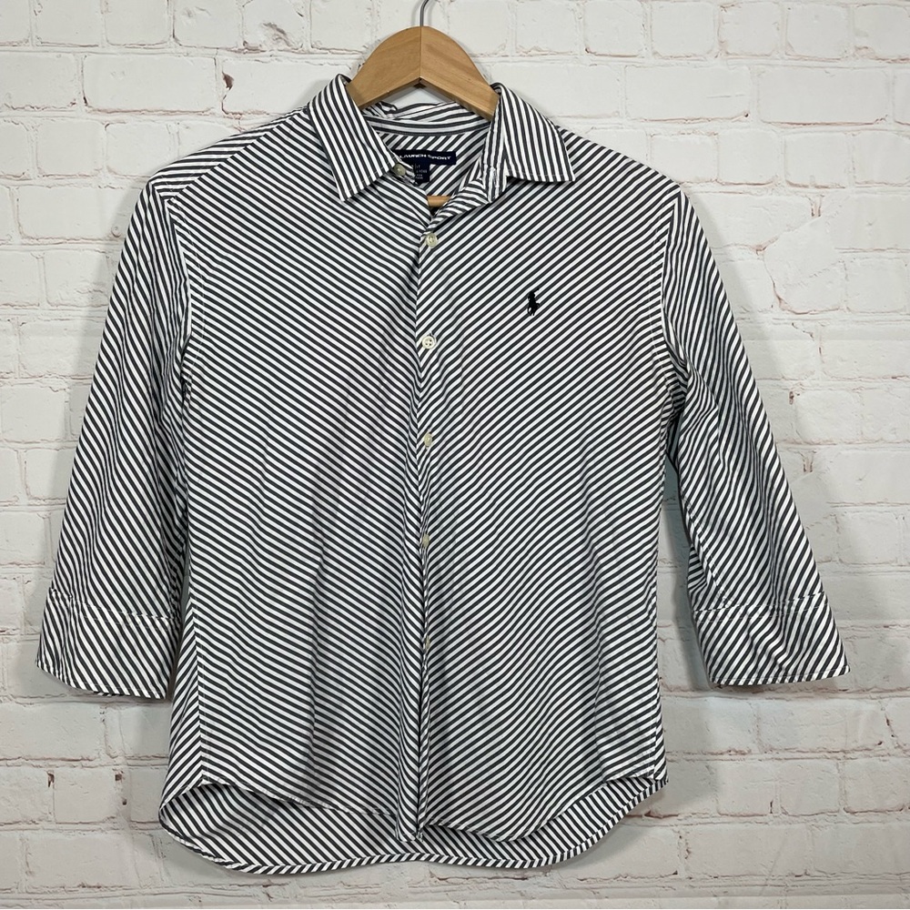 Vintage Ralph Lauren Sport Shirt Womens 12 Gray Slim Fit Pinstripe Button Up